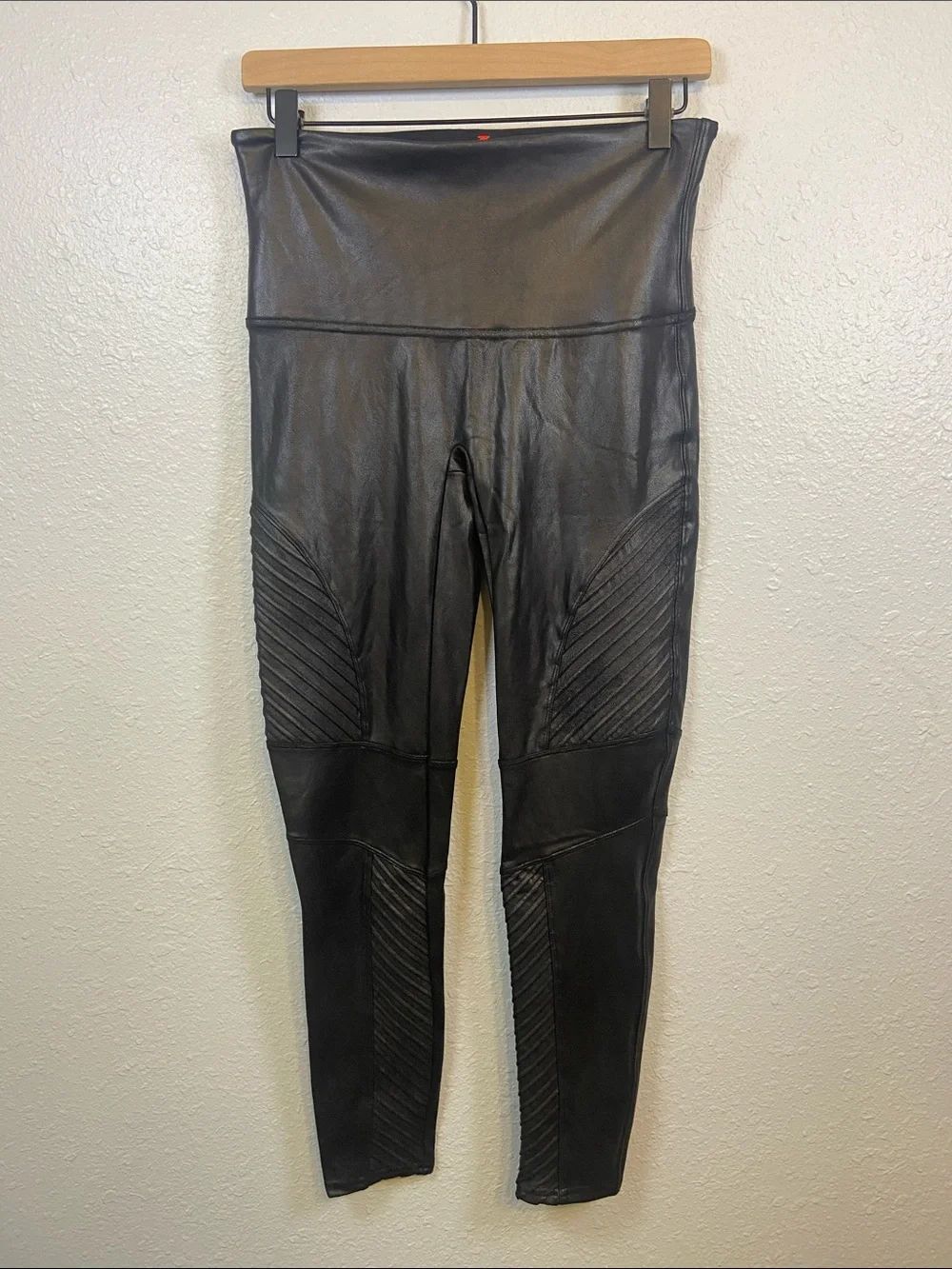 SPANX Black Faux Leather Moto Ribbed Skinny High Waist Leggings Size XL